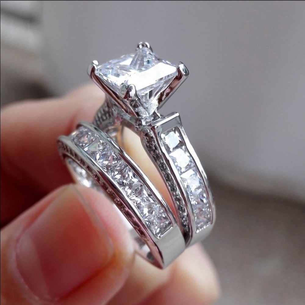 New 2 pc Set 925 Silver Diamond Engagement Ring - Picture 2 of 5